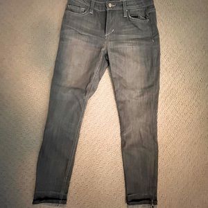 Joe’s jeans, slate gray with slight frayed hem